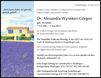 Anzeige von Alexandra Wyneken-Görgen von Reutlinger Generalanzeiger