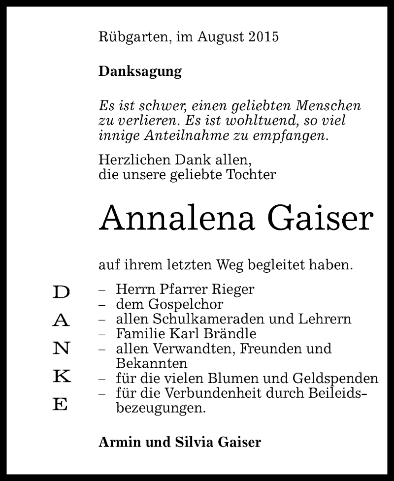  Traueranzeige für Annalena Gaiser vom 08.08.2015 aus Reutlinger Generalanzeiger