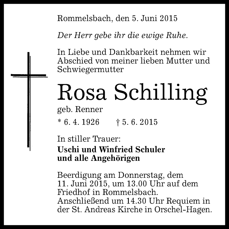  Traueranzeige für Rosa Schilling vom 08.06.2015 aus Reutlinger Generalanzeiger