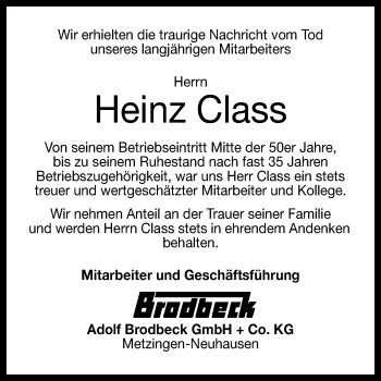 Anzeige von Heinz Class von Reutlinger Generalanzeiger