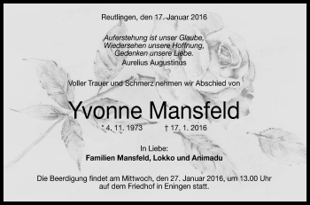 Anzeige von Yvonne Mansfeld von Reutlinger Generalanzeiger