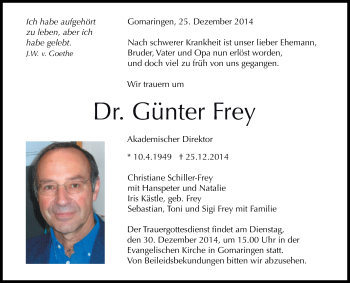 Anzeige von Günter Frey von Reutlinger Generalanzeiger