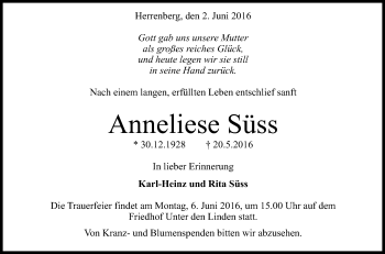 Anzeige von Anneliese Süss von Reutlinger Generalanzeiger