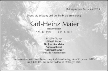 Anzeige von Karl-Heinz Maier von Reutlinger Generalanzeiger