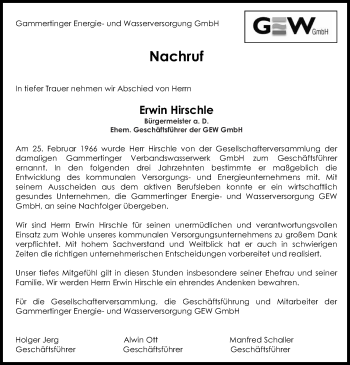 Anzeige von Erwin Hirschle von Reutlinger Generalanzeiger
