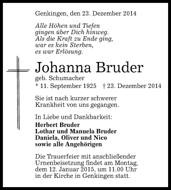 Anzeige von Johanna Bruder von Reutlinger Generalanzeiger