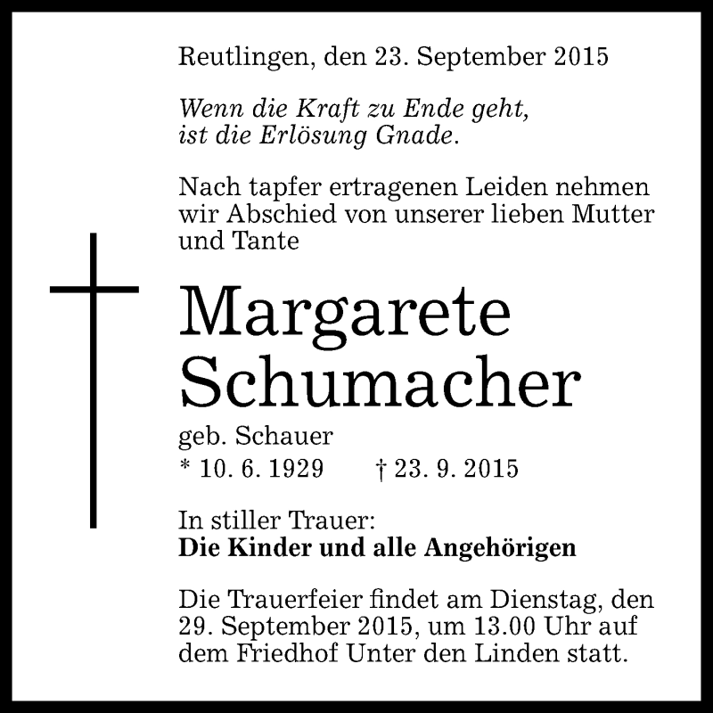  Traueranzeige für Margarete Schumacher vom 28.09.2015 aus Reutlinger Generalanzeiger