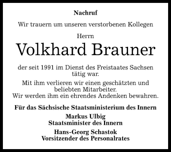 Anzeige von Volkhard Brauner von Reutlinger Generalanzeiger