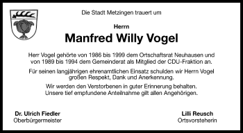 Anzeige von Manfred Willy Vogel von Reutlinger Generalanzeiger