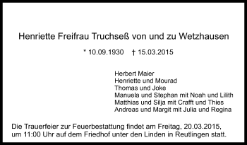 Anzeige von Henriette Freifrau Truchseß von und zu Wetzhausen von Reutlinger Generalanzeiger