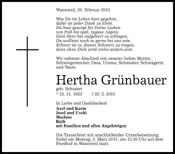 Anzeige von Hertha Grünbauer von Reutlinger Generalanzeiger