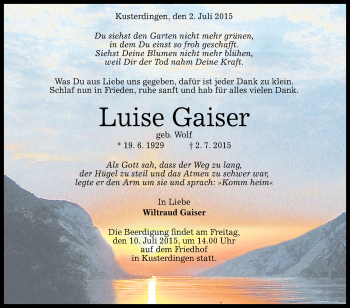 Anzeige von Luise Gaiser von Reutlinger Generalanzeiger