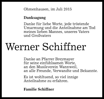 Anzeige von Werner Schiffner von Reutlinger Generalanzeiger