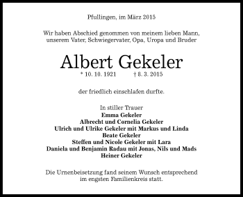 Anzeige von Albert Gekeler von Reutlinger Generalanzeiger