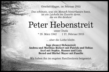 Anzeige von Peter Hebenstreit von Reutlinger Generalanzeiger