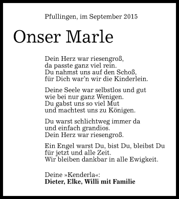 Anzeige von Onser Marle von Reutlinger Generalanzeiger