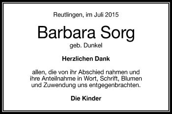 Anzeige von Barbara Sorg von Reutlinger Generalanzeiger