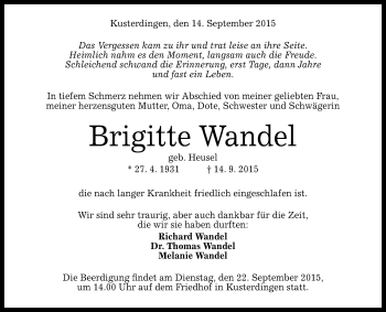 Anzeige von Brigitte Wandel von Reutlinger Generalanzeiger