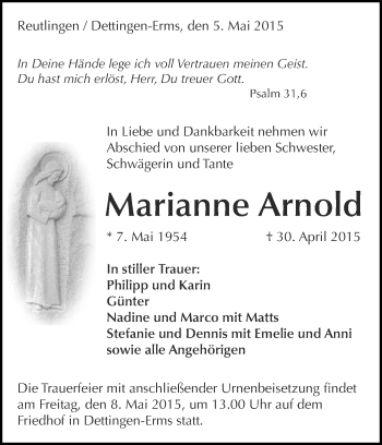 Anzeige von Marianne Arnold von Reutlinger Generalanzeiger