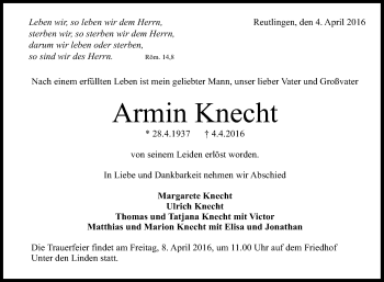 Anzeige von Armin Knecht von Reutlinger Generalanzeiger