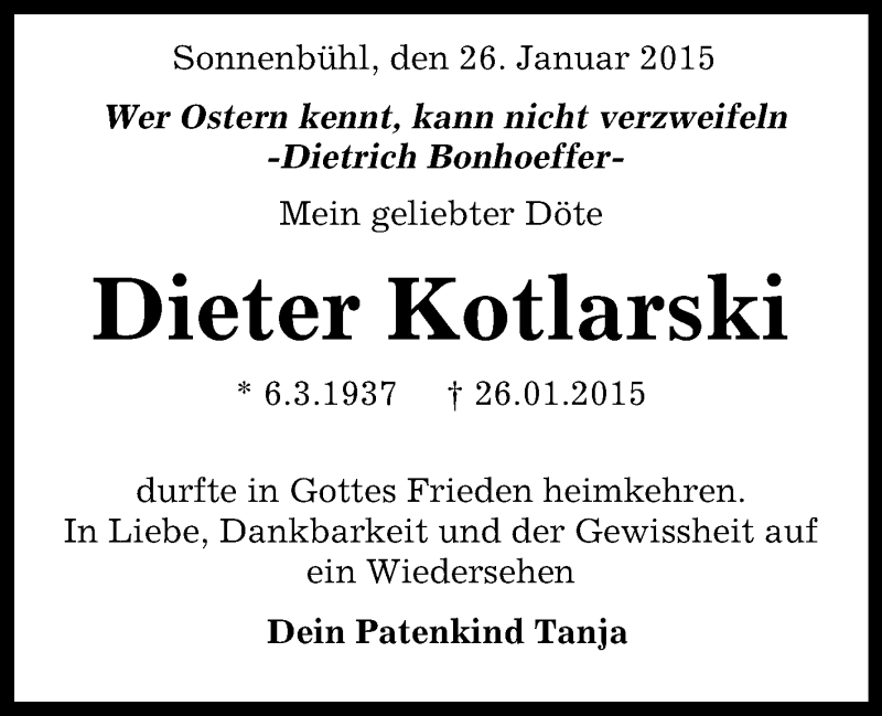  Traueranzeige für Dieter Kotlarski vom 30.01.2015 aus Reutlinger Generalanzeiger