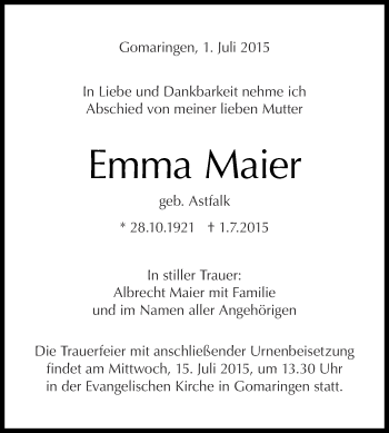 Anzeige von Emma Maier von Reutlinger Generalanzeiger