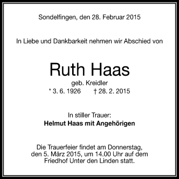 Anzeige von Ruth Haas von Reutlinger Generalanzeiger