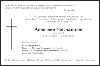 Anzeige von Anneliese Niethammer von Reutlinger Generalanzeiger