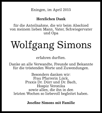 Anzeige von Wolfgang Simons von Reutlinger Generalanzeiger