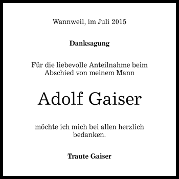 Anzeige von Adolf Gaiser von Reutlinger Generalanzeiger