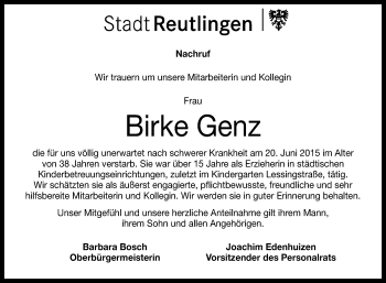 Anzeige von Birke Genz von Reutlinger Generalanzeiger