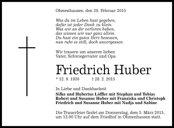 Anzeige von Friedrich Huber von Reutlinger Generalanzeiger