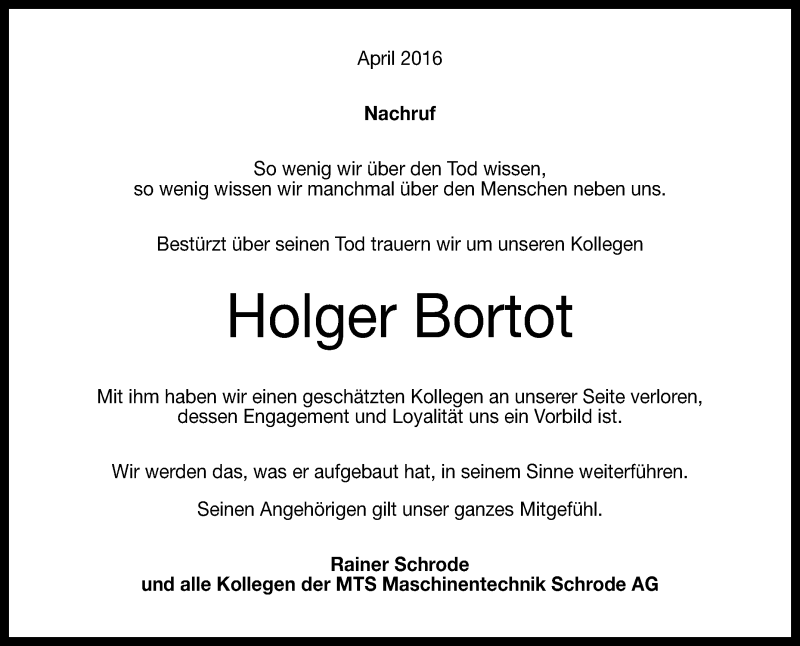  Traueranzeige für Holger Bortot vom 21.04.2016 aus Reutlinger Generalanzeiger