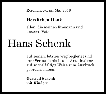 Anzeige von Hans Schenk von Reutlinger Generalanzeiger