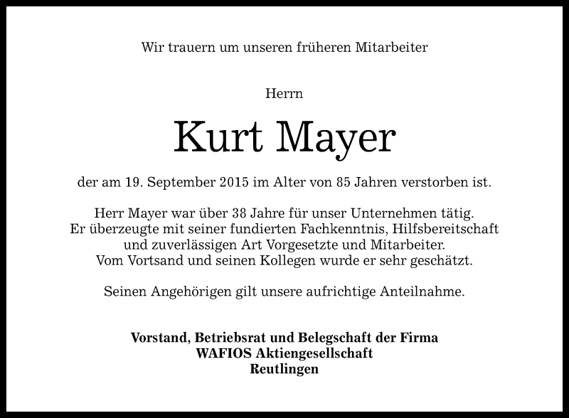  Traueranzeige für Kurt Mayer vom 22.09.2015 aus Reutlinger Generalanzeiger