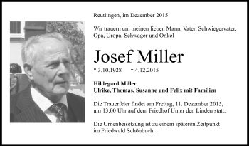 Anzeige von Josef Miller von Reutlinger Generalanzeiger