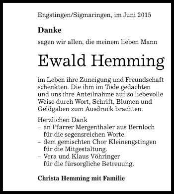 Anzeige von Ewald Hemming von Reutlinger Generalanzeiger