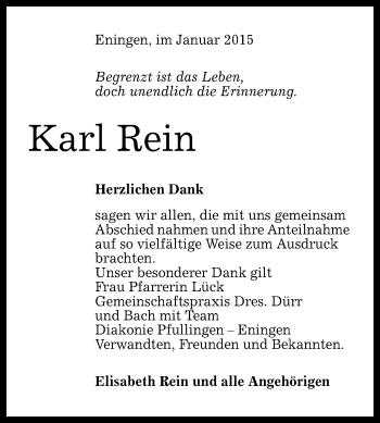 Anzeige von Karl Rein von Reutlinger Generalanzeiger