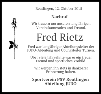 Anzeige von Fred Rietz von Reutlinger Generalanzeiger
