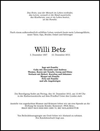 Anzeige von Willi Betz von Reutlinger Generalanzeiger