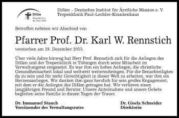 Anzeige von Karl W. Rennstich von Reutlinger Generalanzeiger