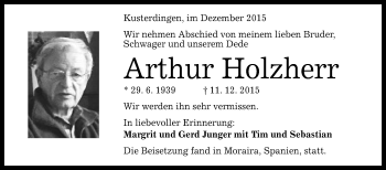 Anzeige von Arthur Holzherr von Reutlinger Generalanzeiger