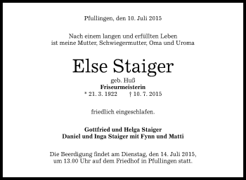 Anzeige von Else Staiger von Reutlinger Generalanzeiger