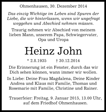 Anzeige von Heinz John von Reutlinger Generalanzeiger