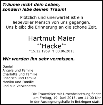 Anzeige von Hartmut Maier von Reutlinger Generalanzeiger