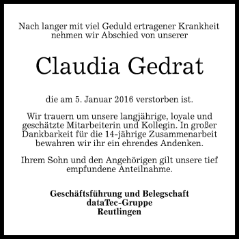Anzeige von Claudia Gedrat von Reutlinger Generalanzeiger