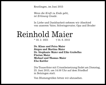Anzeige von Reinhold Maier von Reutlinger Generalanzeiger