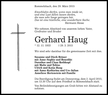 Anzeige von Gerhard Haug von Reutlinger Generalanzeiger