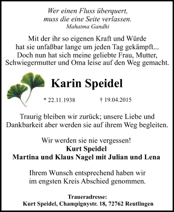 Anzeige von Karin Speidel von Reutlinger Generalanzeiger