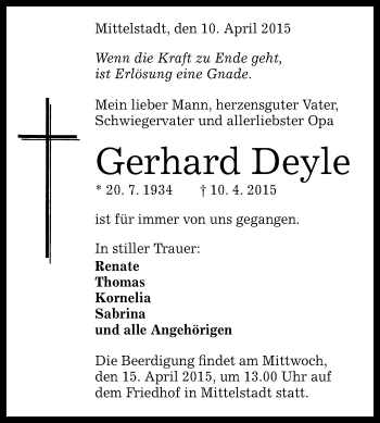 Anzeige von Gerhard Deyle von Reutlinger Generalanzeiger